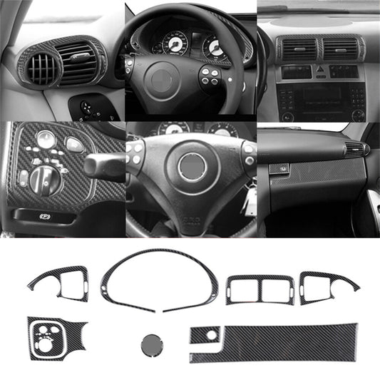 11Pcs Carbon Fiber Interior Dashboard Set Trim Kit for Benz C Class W203 2005-07