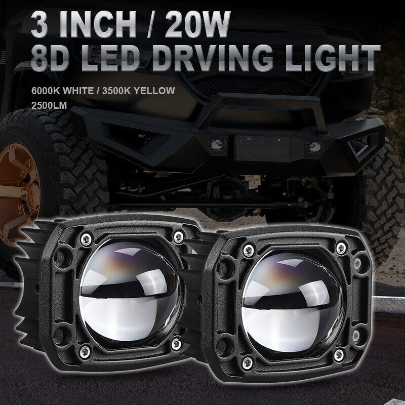 2X 3in Flush Mount LED Work Light Bar Pods Driving Spot Fog Offroad White+Yellow