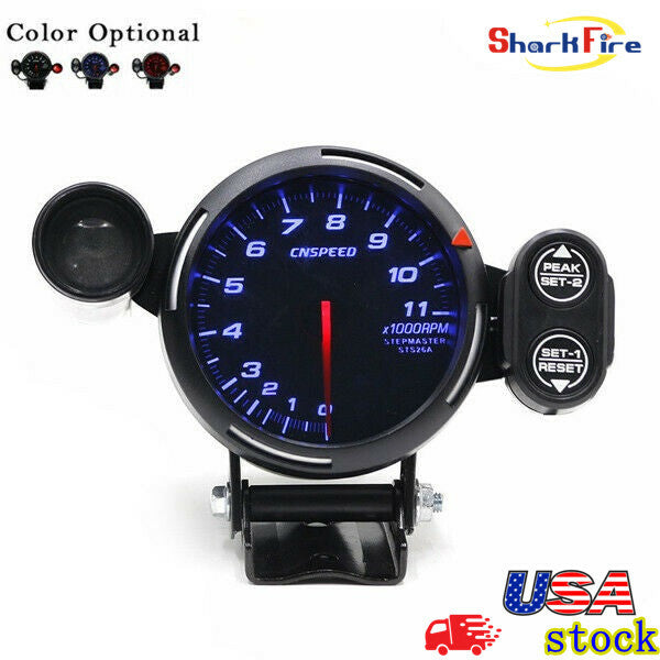 3.5-inch automotive tachometer kit with LED automatic shift indicator and stepper motor for tachometer readings.