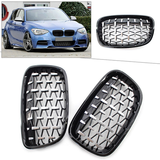 for BMW 1Series F20 11-14 Front Black Grille Chrome Diamond Meteor Latest Style