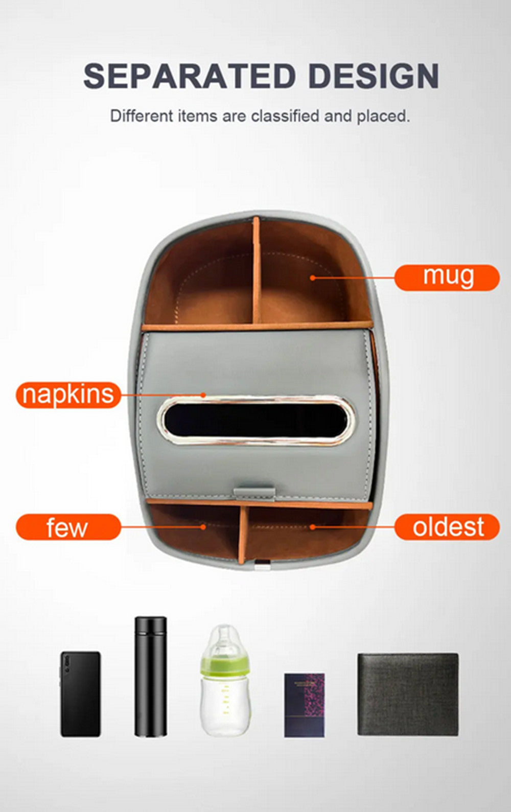 Car Organizer Tissue Holder Gray Leather Center Console Storage Box Cup Holder