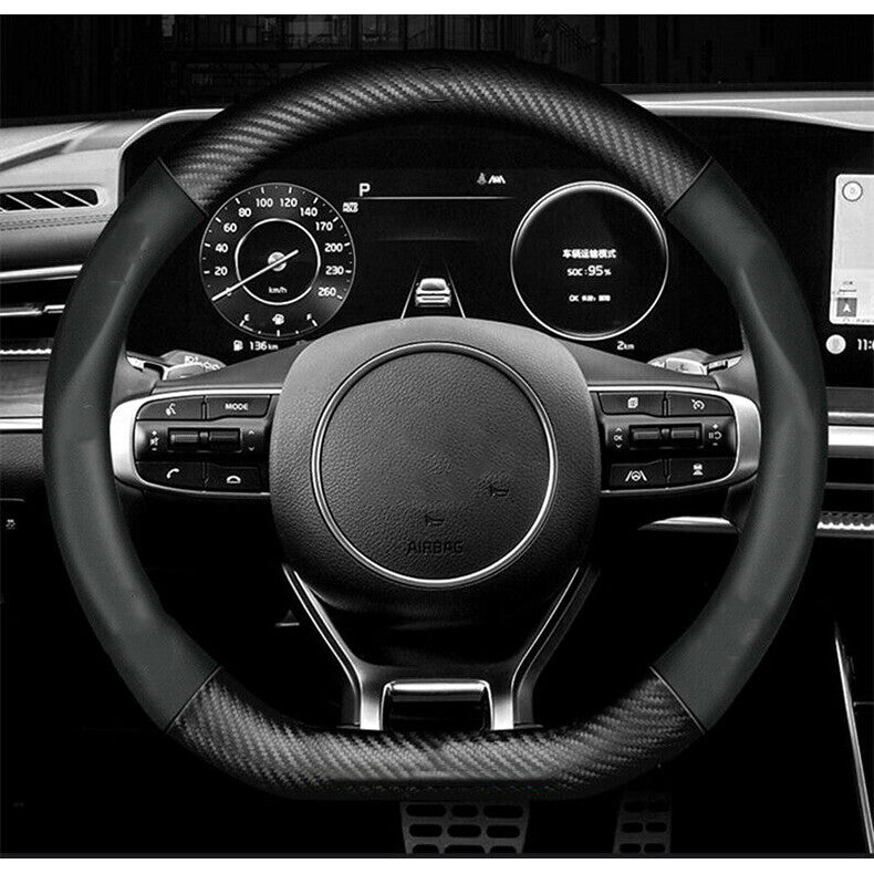 for Kia K5 2021-2023 Carbon Fiber Leather Steering Wheel Cover D-shape Antiskid