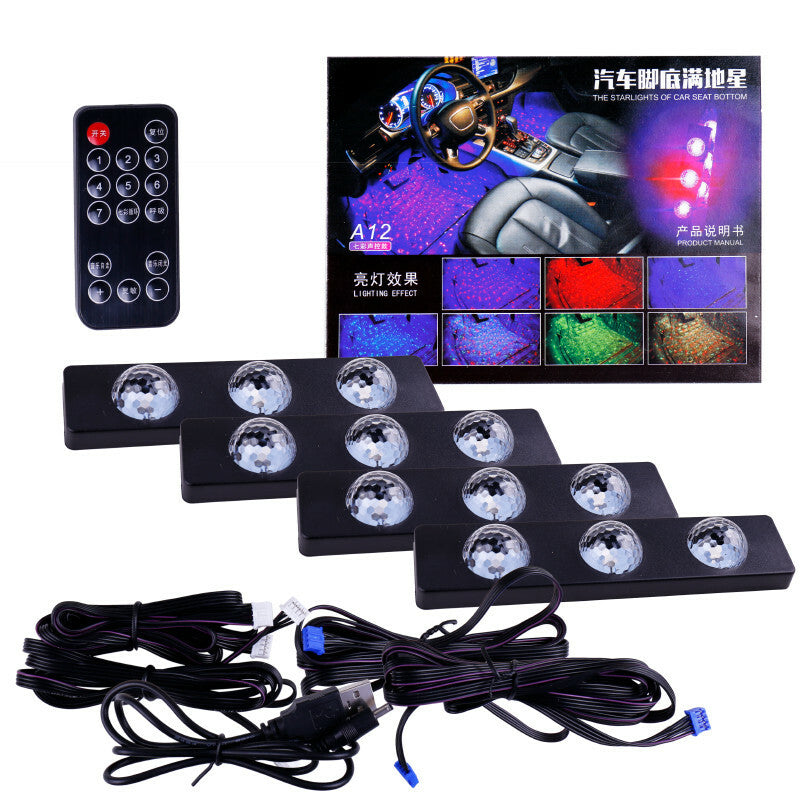4in1 Car Atmosphere Star LED Light RGB Colorful Music Sound Lamp Remote Control