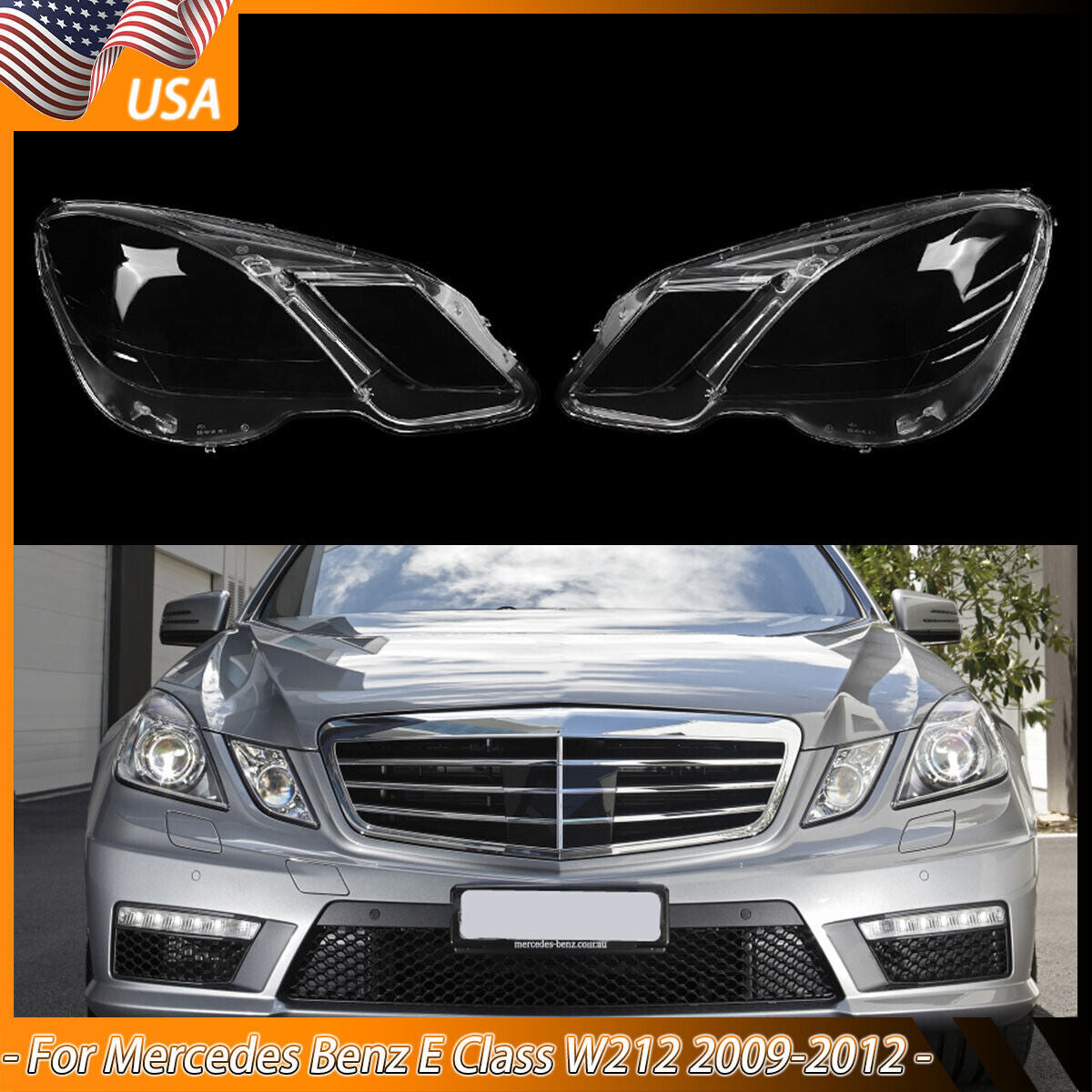 Pair Headlight Lens Cover for Mercedes-Benz E Class W212 E350 E500 E63 AMG 09-12