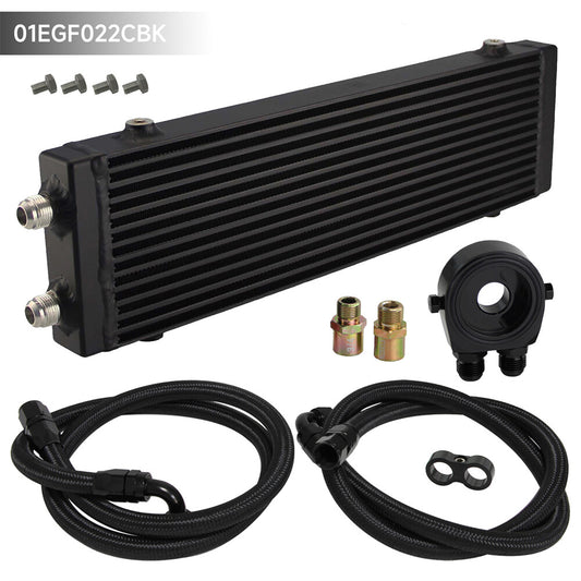 Universal Large Dual Pass Bar  Plate Oil Cooler + Flat Filter Adapter Hose Kit