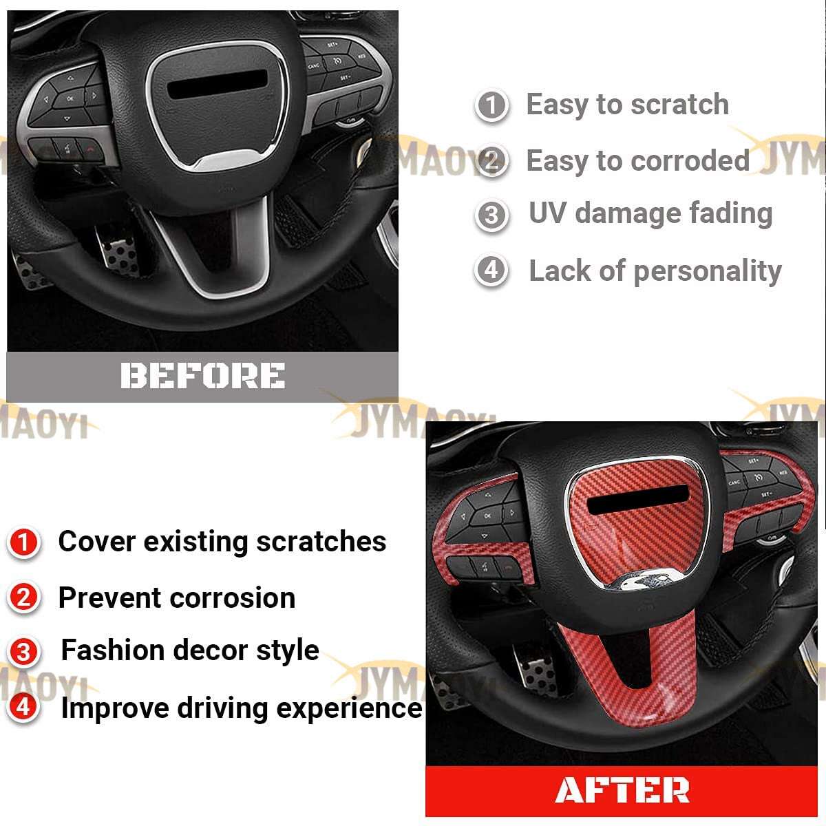 4x For 2014¨C2022 for Dodge Durango Accessory Carbon Fiber Steering Wheel Cover Trims