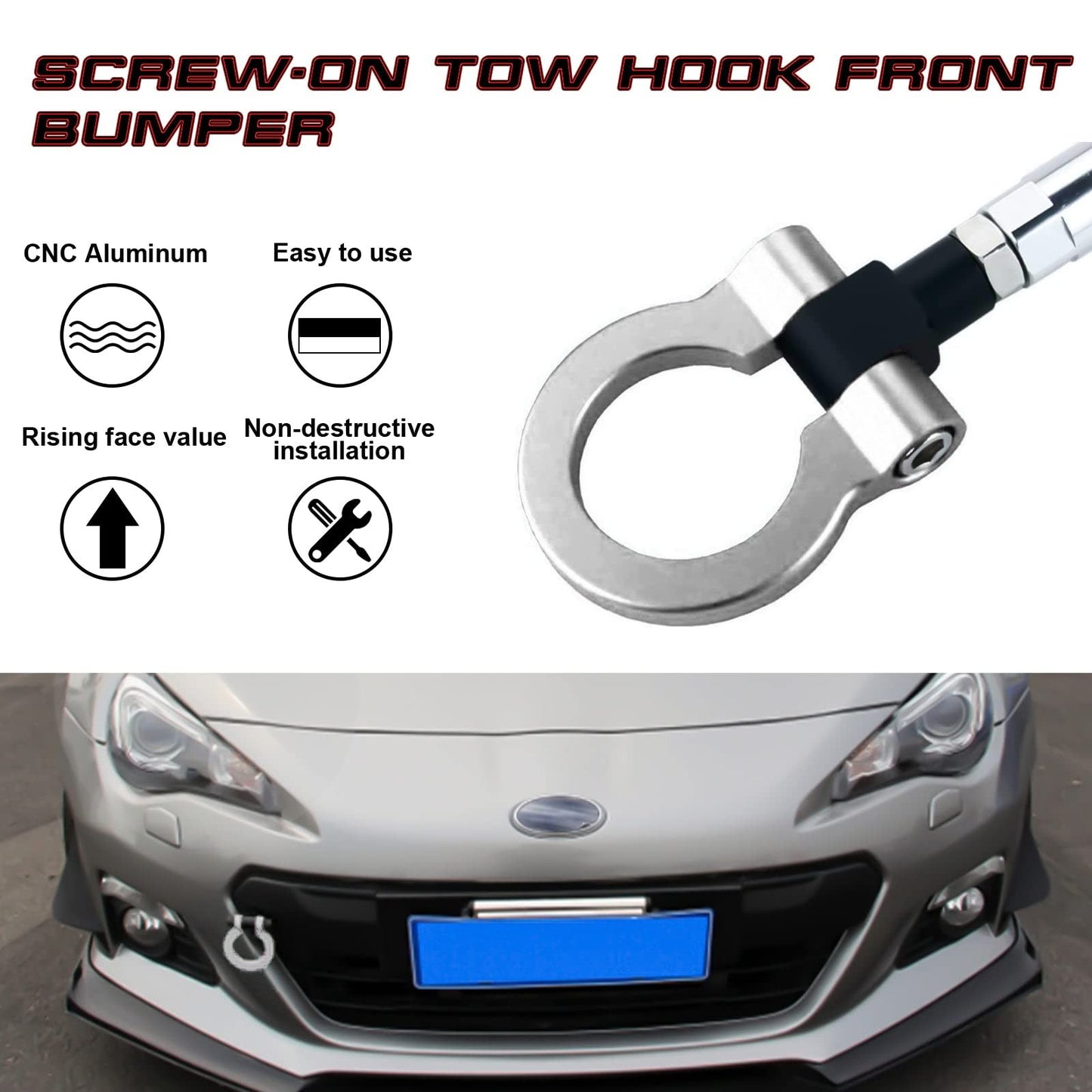 Silver JDM Track Racing Tow Hook Trailer For 2013-22 for Subaru WRX STI BRZ Impreza