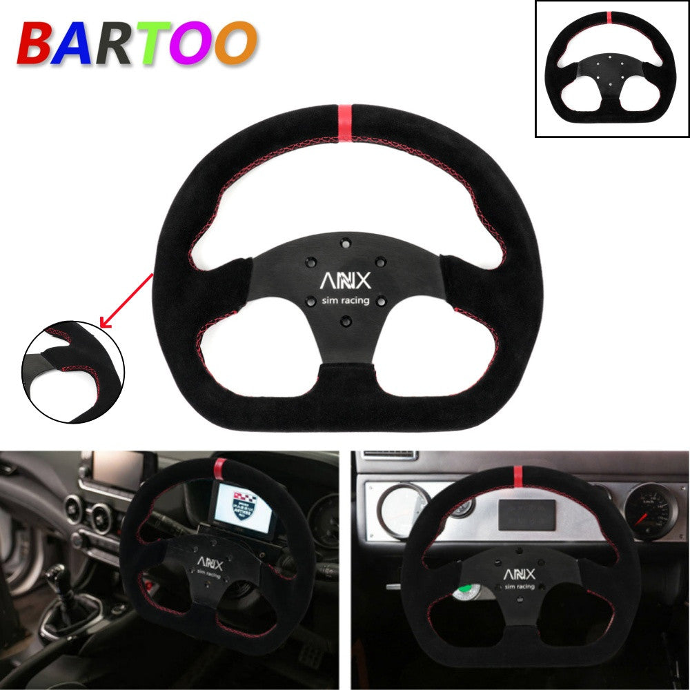 325mm Universal Flat Suede Leather Sports Racing Drift Steering Wheel Black