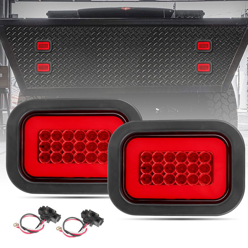 2x 30-LED Red Rectangular Tail Lights With Pigtails Universal 12V Trailer Truck