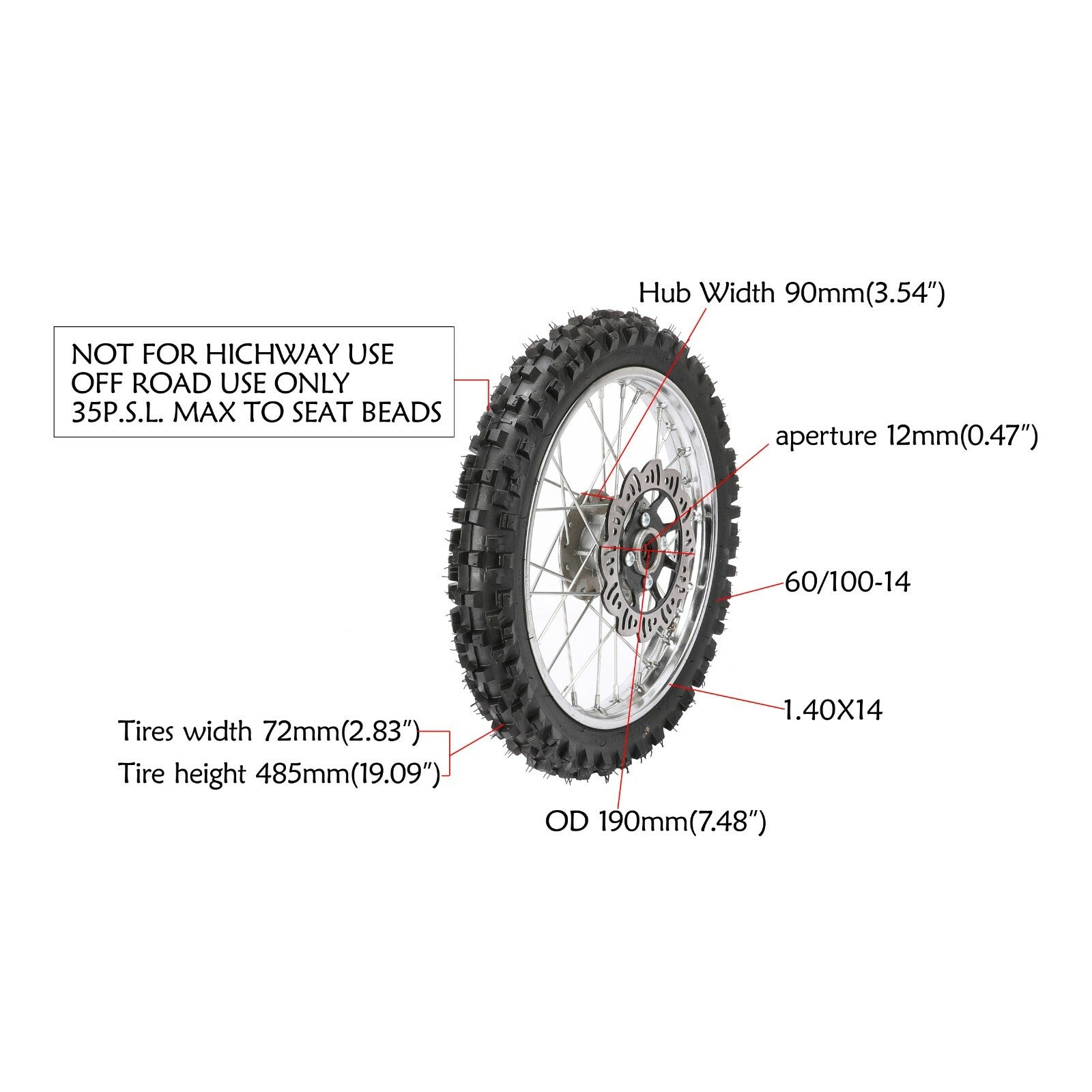 14 Front Wheel 60/100-14 Tyre Rim Brake Assembly Dirt Pit Bike 110cc 125cc KX65