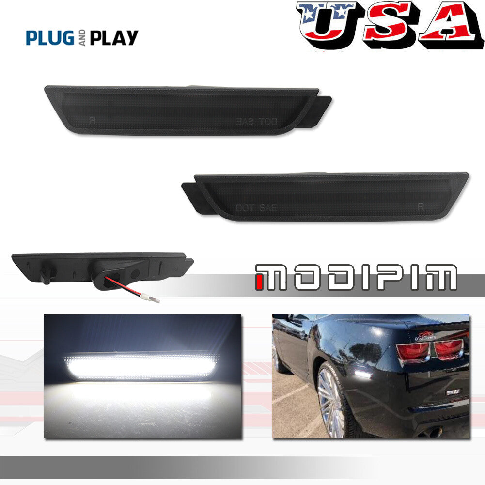 Black lens with white LED rear bumper side marker lights for 2010-2015 for Chevrolet Camaro.