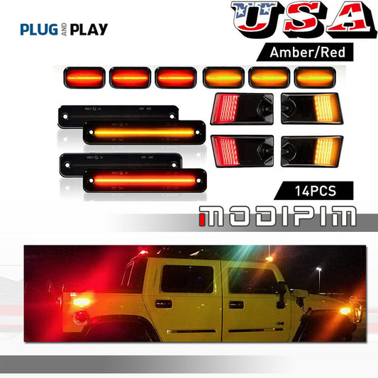 14x LED Cab Roof Side Marker Lights Front and Rear Smoke Kit for 2003-2009 for Hummer H2
