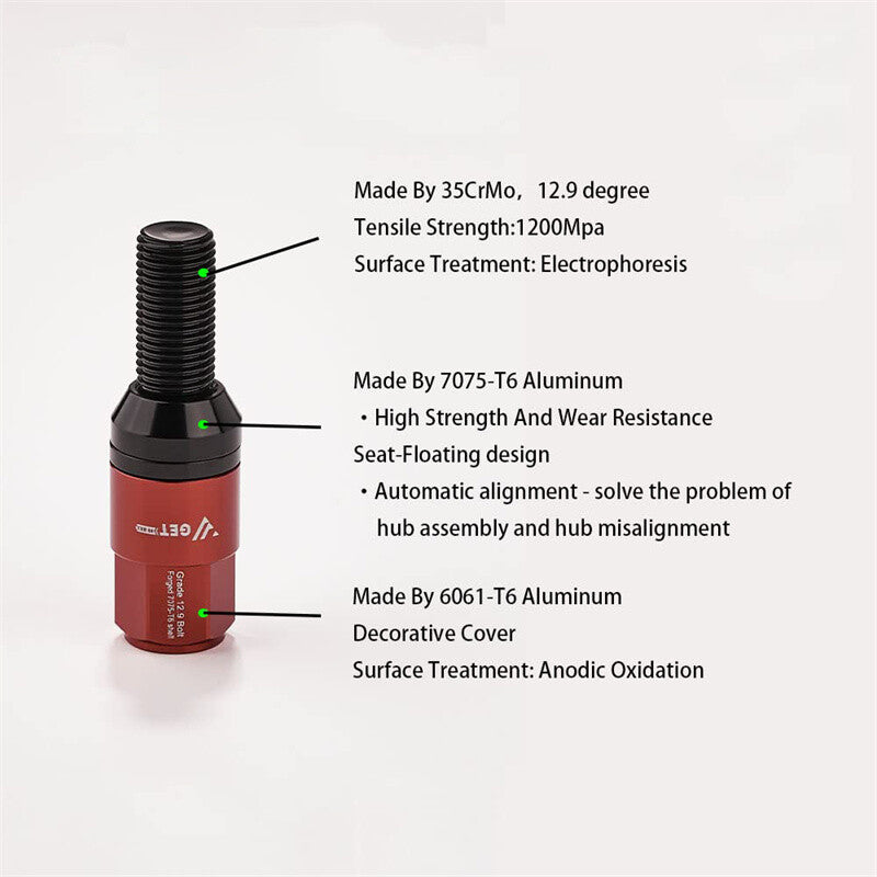 20pcs M14x1.5 Red Wheel Lug Bolt 28mm Shank Cone for Seat Stud for Most Aftermarket