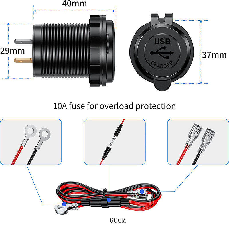 12V-24V QC3.0 USB Fast Charger Socket for Cars and Motorcycles - 1PCS