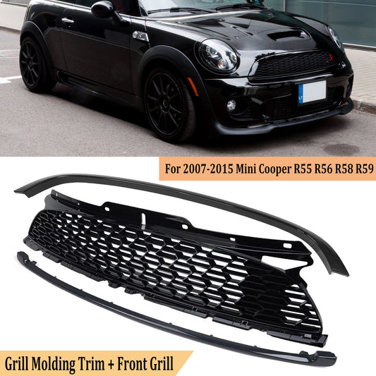 for Mini Cooper S R55 R56 R57 R58 2007-2015 Front Grille +Hood Molding Trim Set