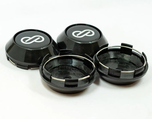 Brand new 4-piece 68mm Enkei wheel caps, rim center caps, and badges in black.