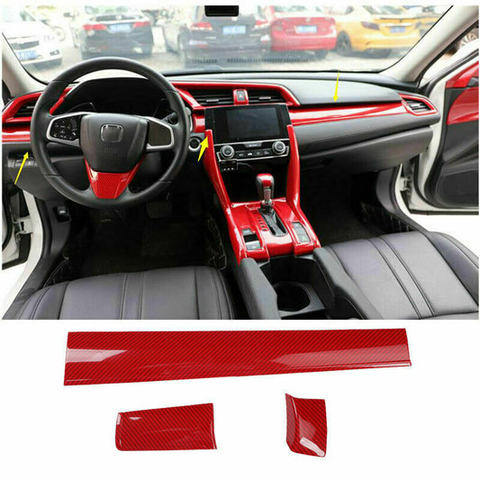 3X Car Dashboard Panel Cover Red Carbon Fiber ABS for Honda for Civic 10th 2016-2021