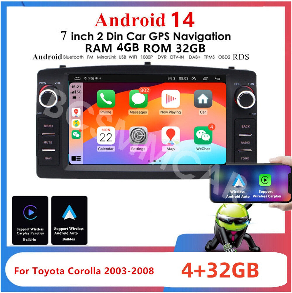 Android 14 Car Stereo Radio GPS Navi Bluetooth Fit for Toyota for Corolla 2003-2008
