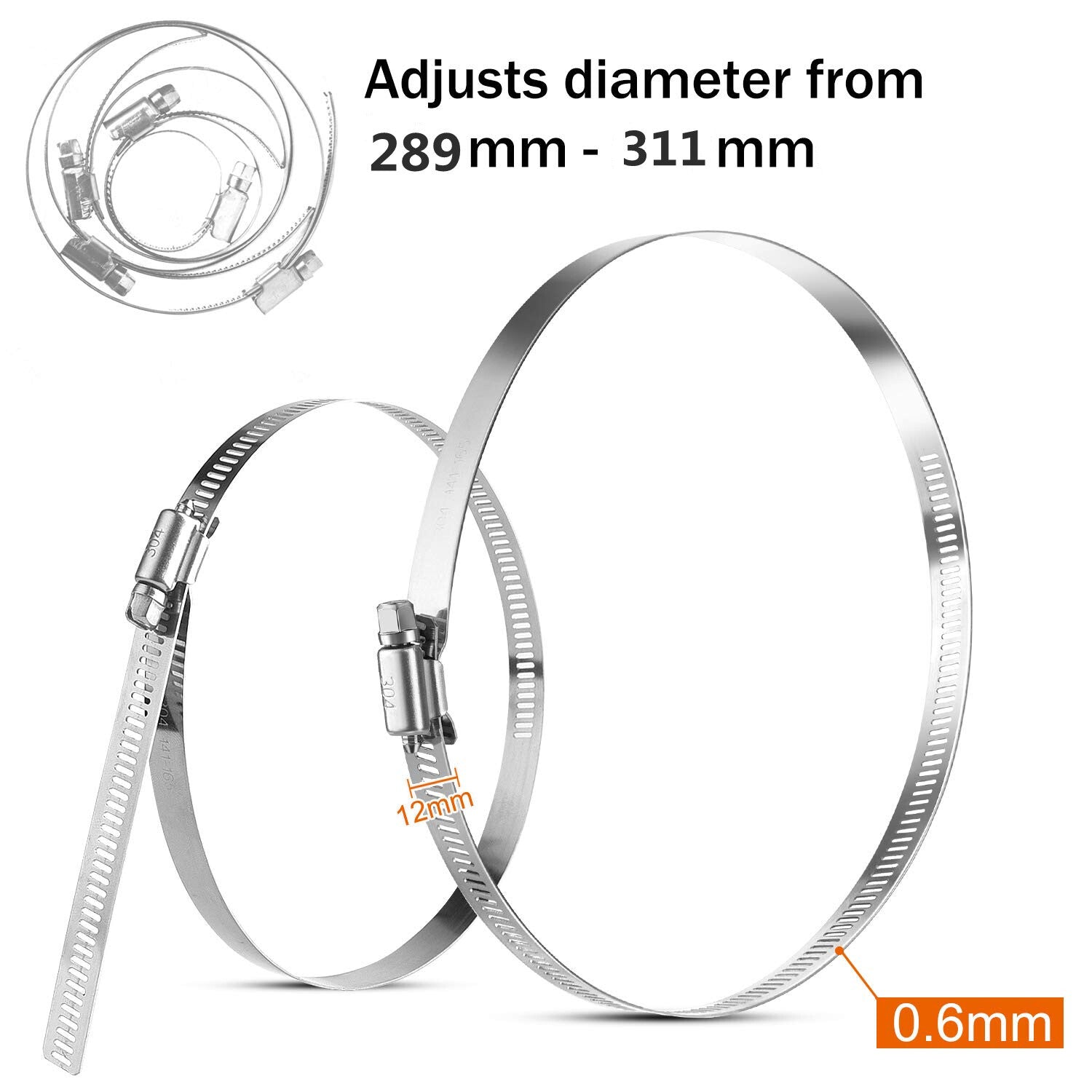 12-inch hose clamp, 304 stainless steel, worm gear adjustable, 289mm-311mm.