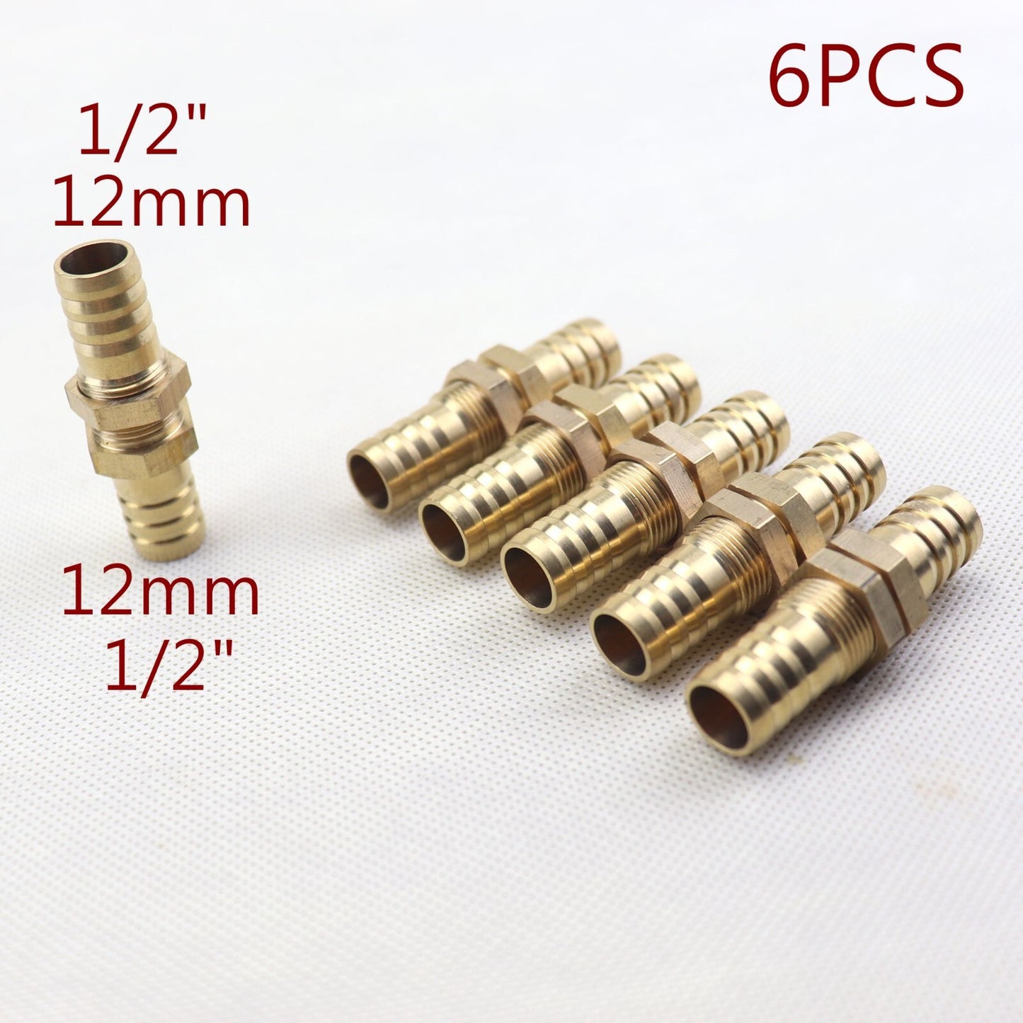 6Pcs 1/2(12mm ) Hose Barb Brass Bulkhead Pipe Fitting Coupler Connector Adapter