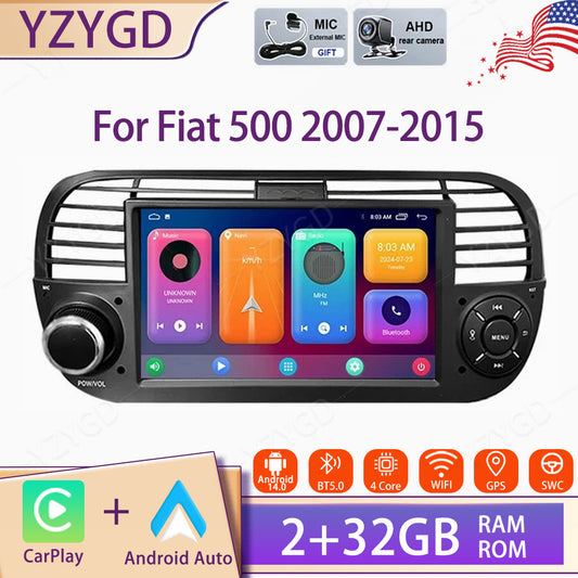 for Fiat 500 2007-2015 2+32G Android 14 Car Radio Apple Carplay Stereo Head Unit