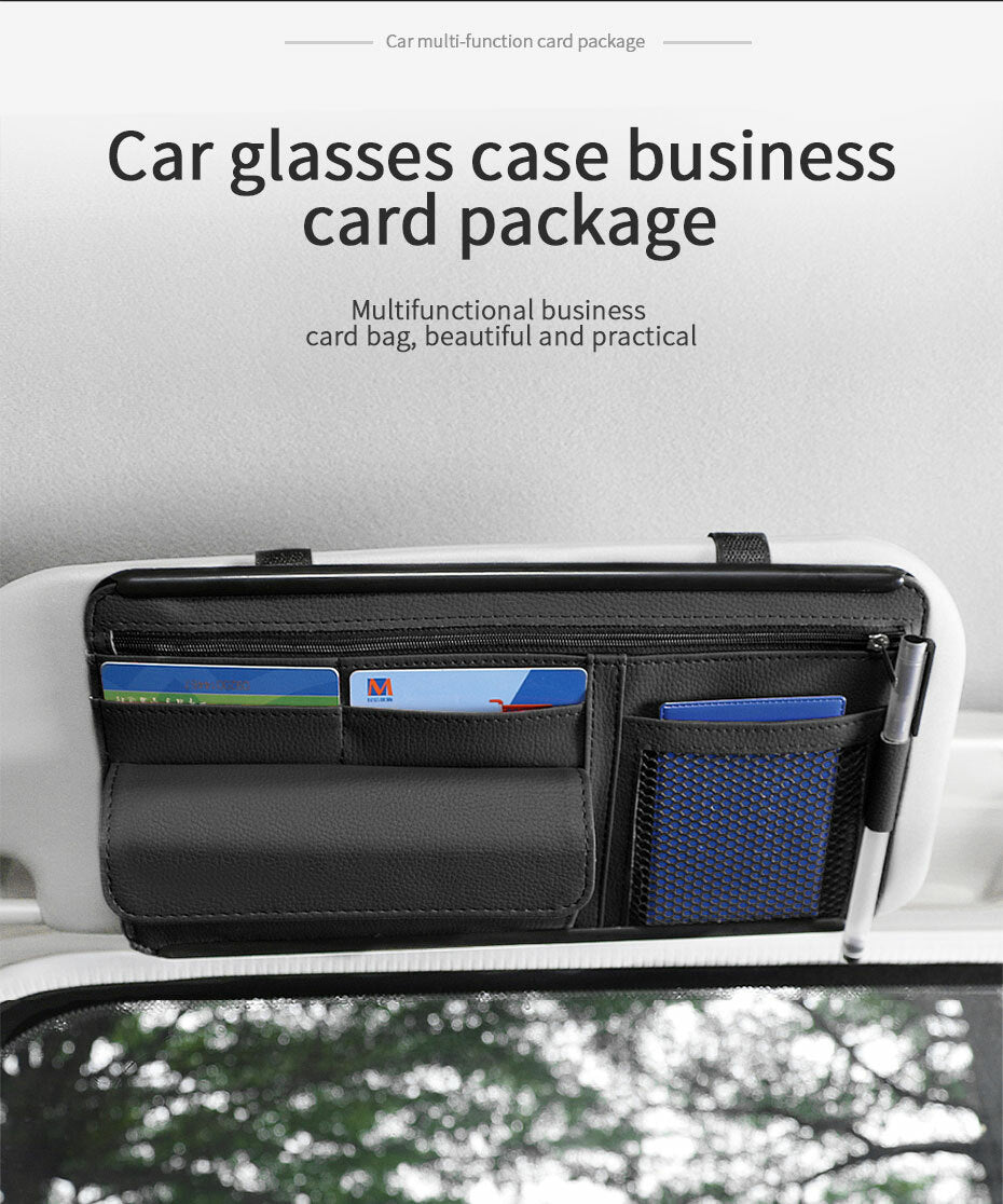 Car Sun Visor Organizer Sunglasses Holder Card Storage Pouch Black PU Leather