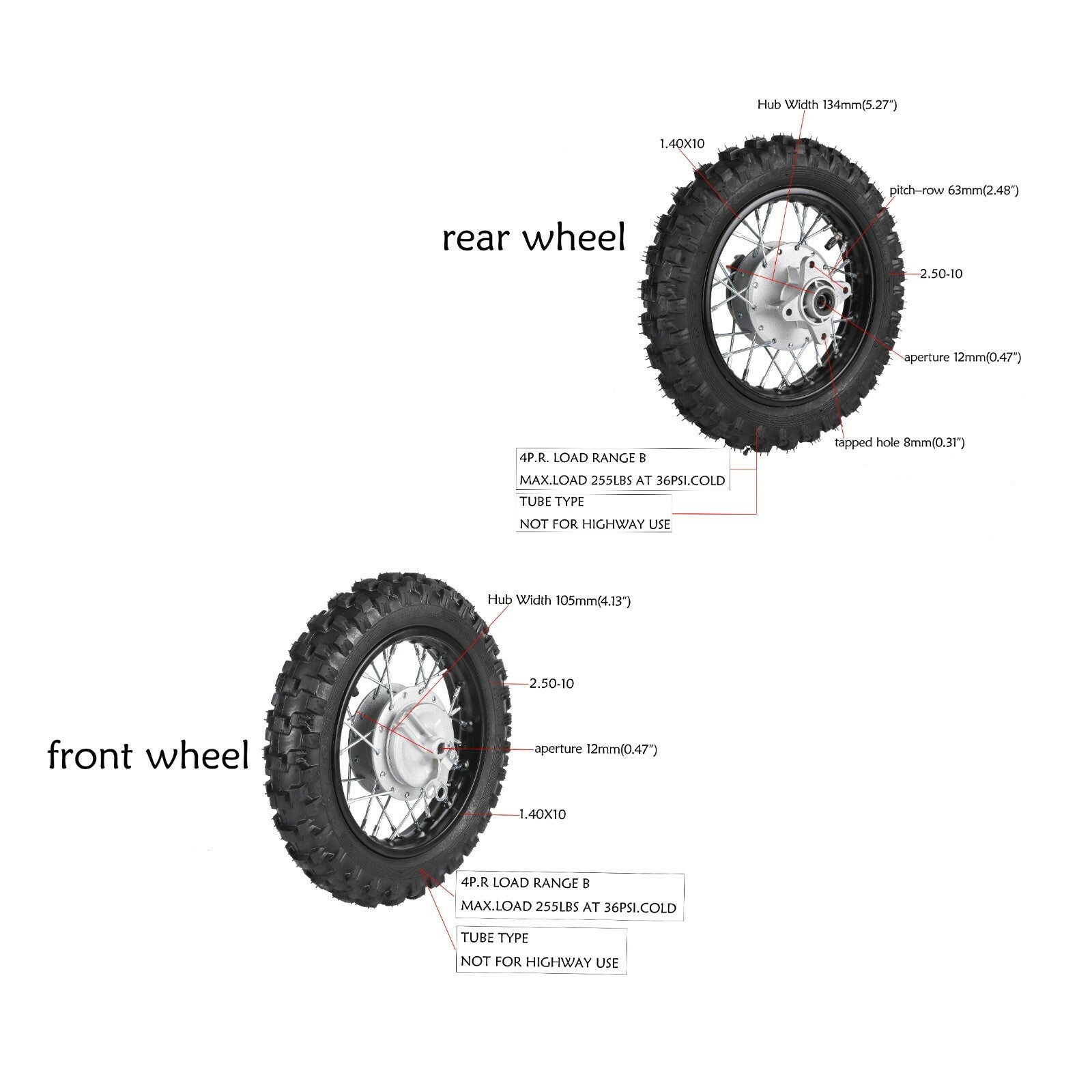 2.50 - 10 Front and rear wheel tire rim sprockets suitable for Honda CRF50 XR50 for Yamaha TTR50