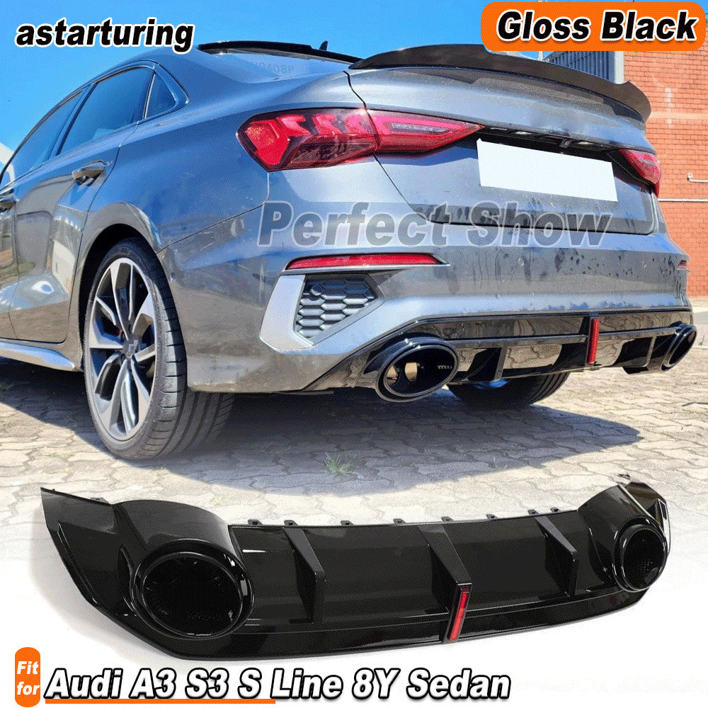 for Audi A3 S3 S Line 8Y Sedan 21UP Gloss Black Rear Bumper Diffuser Exhaust Tip