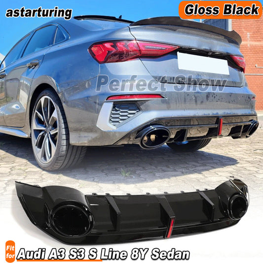 for Audi A3 S3 S Line 8Y Sedan 21UP Gloss Black Rear Bumper Diffuser Exhaust Tip