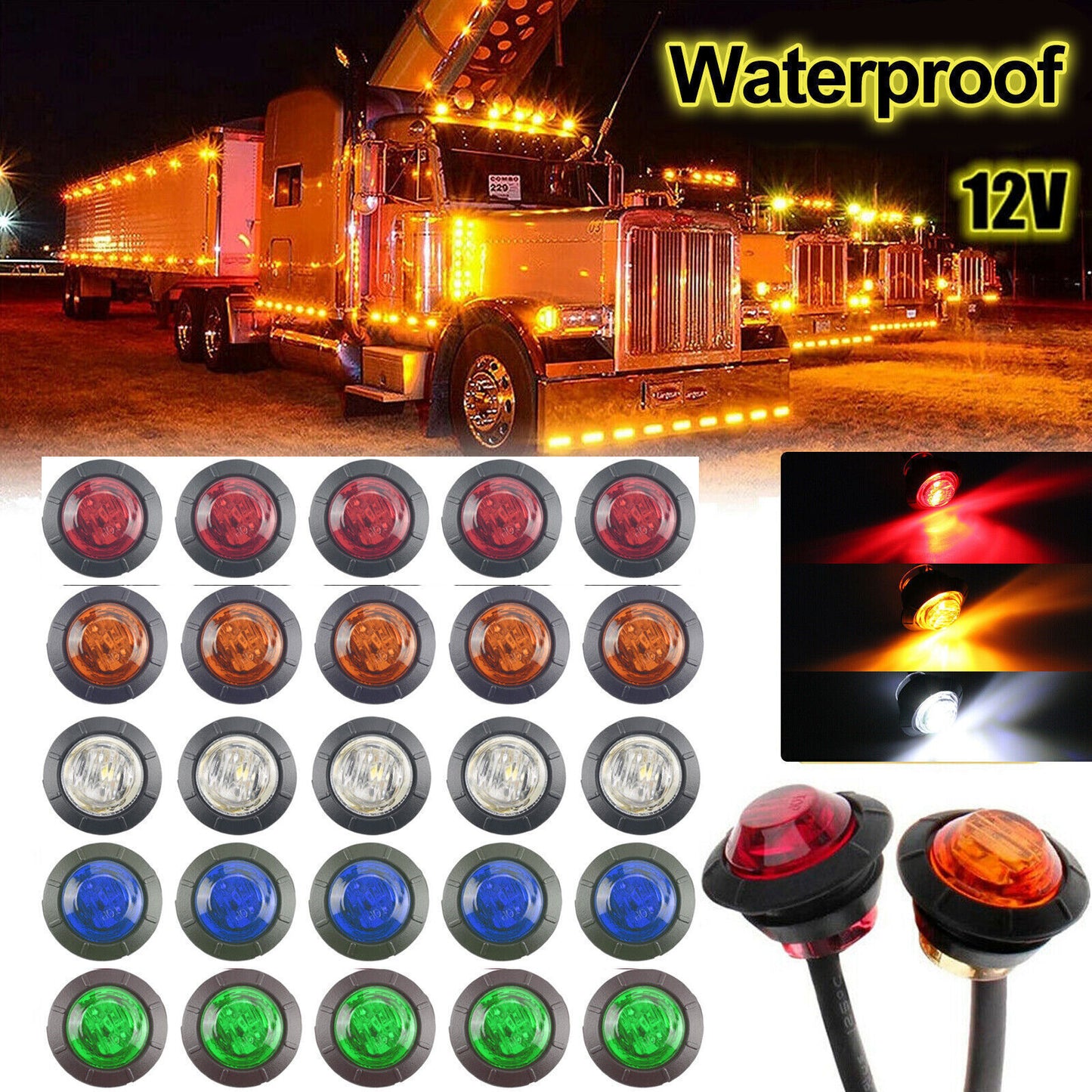 3/4 12V Marker Lights LED Bullet Green Blue Truck Trailer RV Round Side Lamp