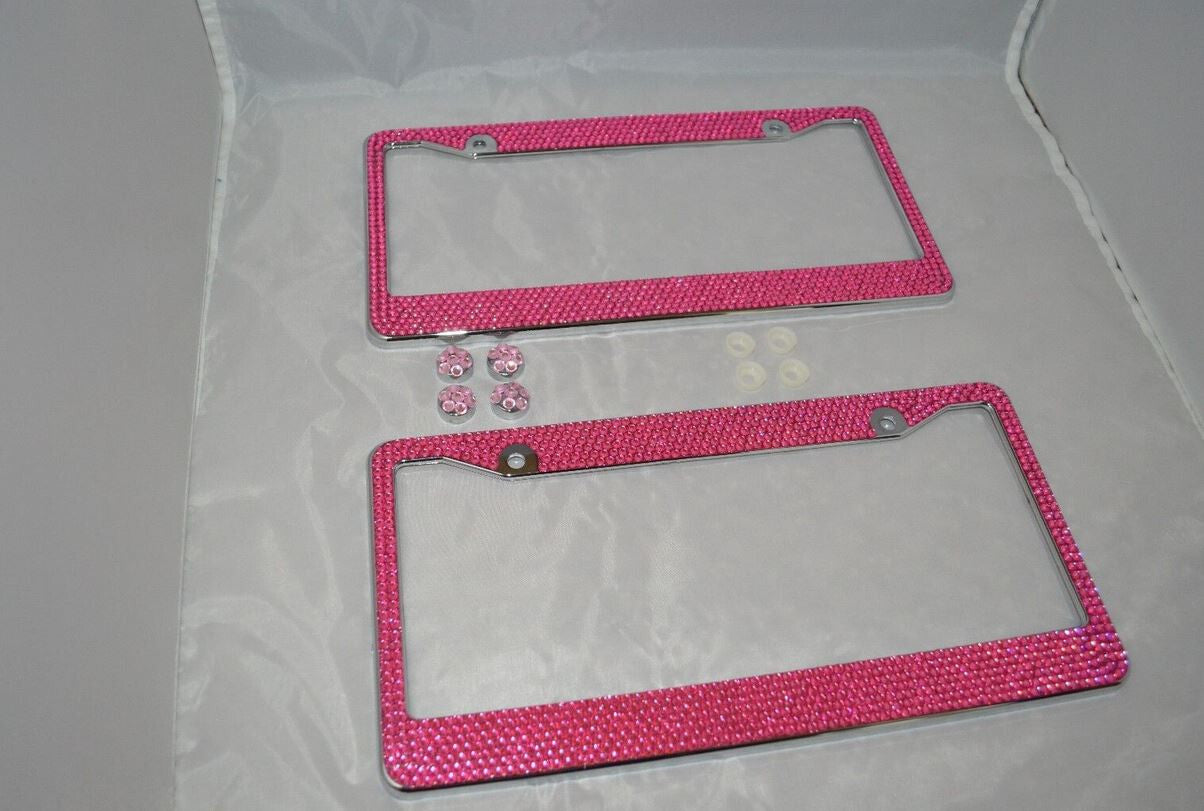 2-Piece Car License Plate Frame Cover for Rear Trunk Pink Glitter Crystal Suitable for Volvo