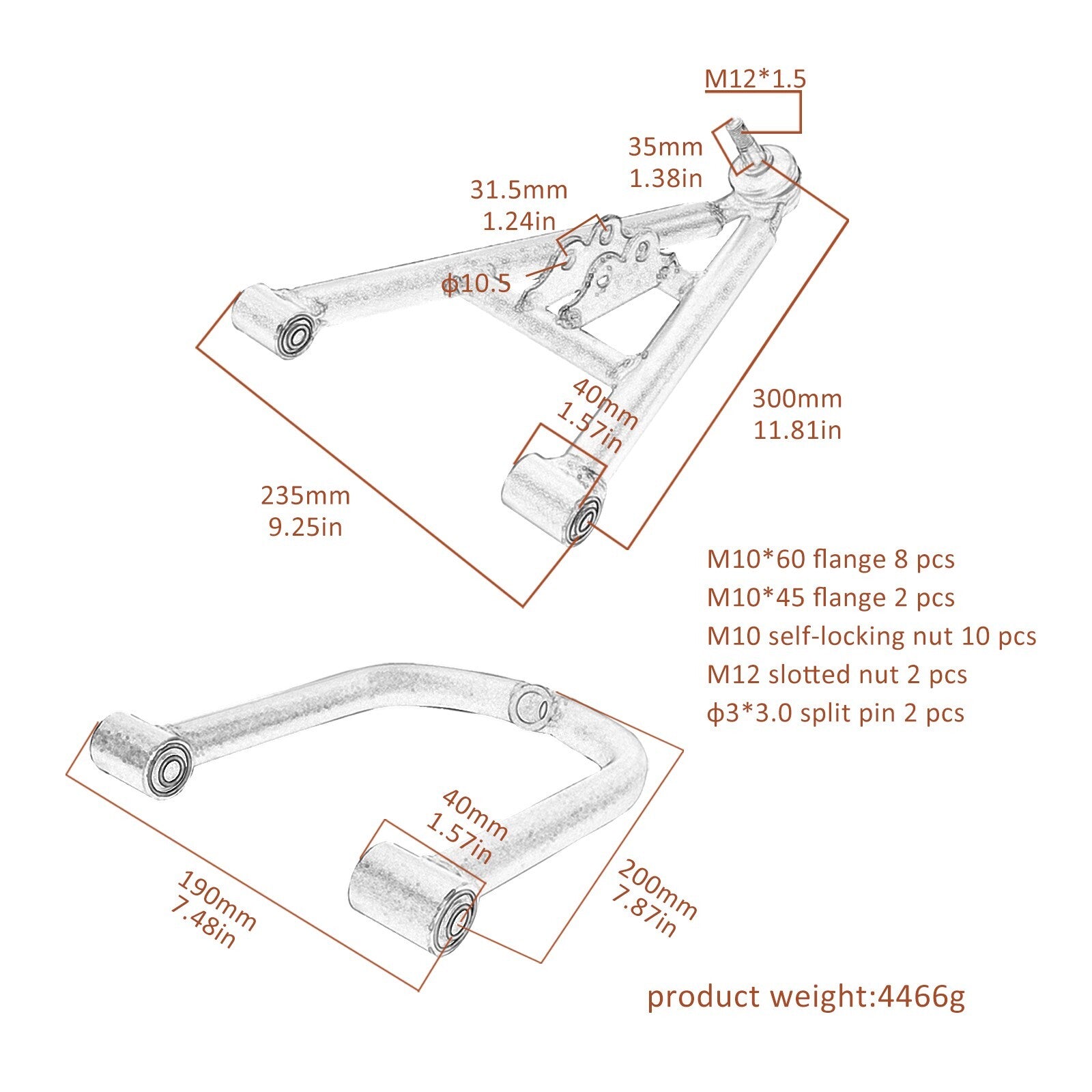 Suspension arm assembly kit for four-wheeled bicycles, all-terrain vehicles/go-karts - upper and lower control arms