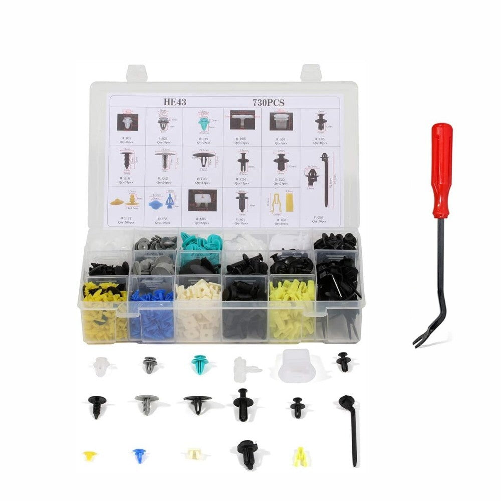 730-piece anti-collision fixing clip kit for car buckles, rivets, and door trim panel clips
