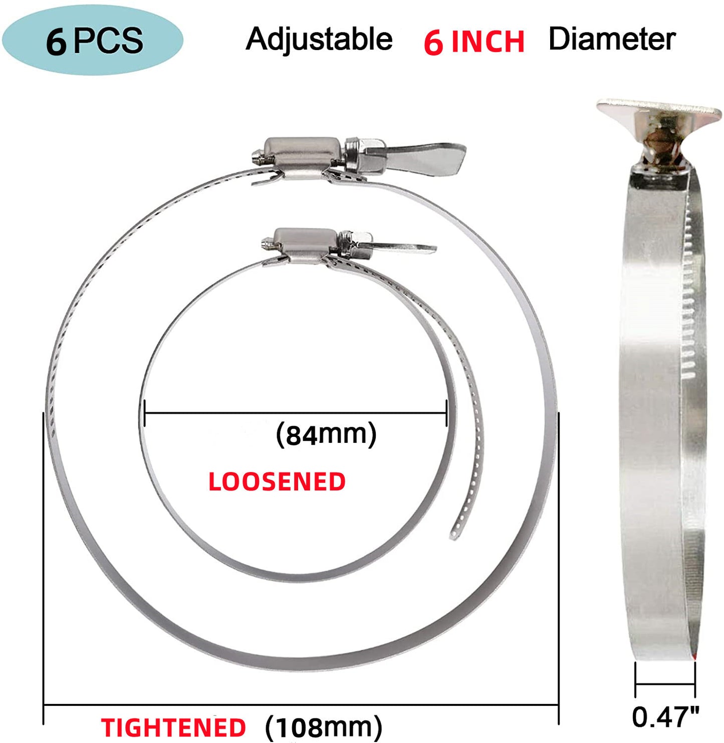 6-Piece Stainless Steel Adjustable Hose Clamps 84-108mm Butterfly Hose Clamps