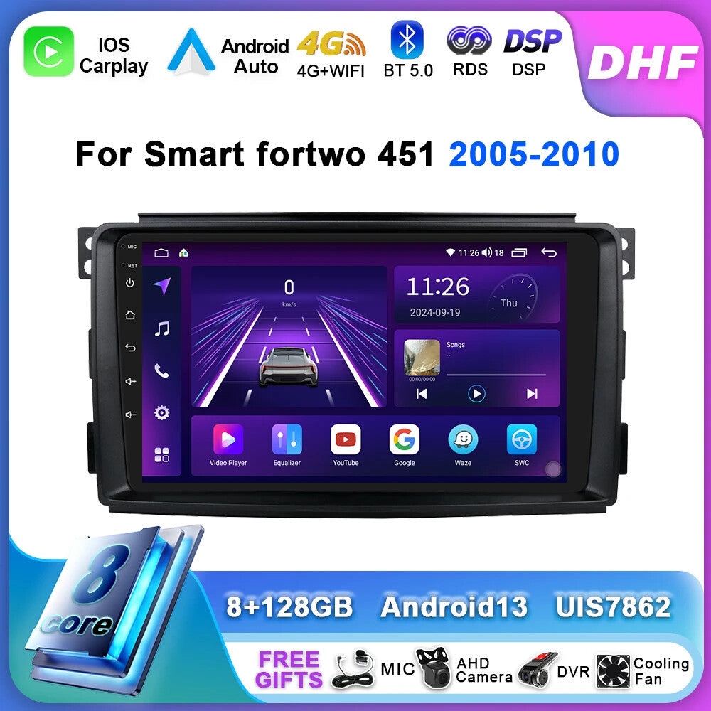 for Smart fortwo 451 2005-2010 Android Auto Car Radio CarPlay GPS Player Screen