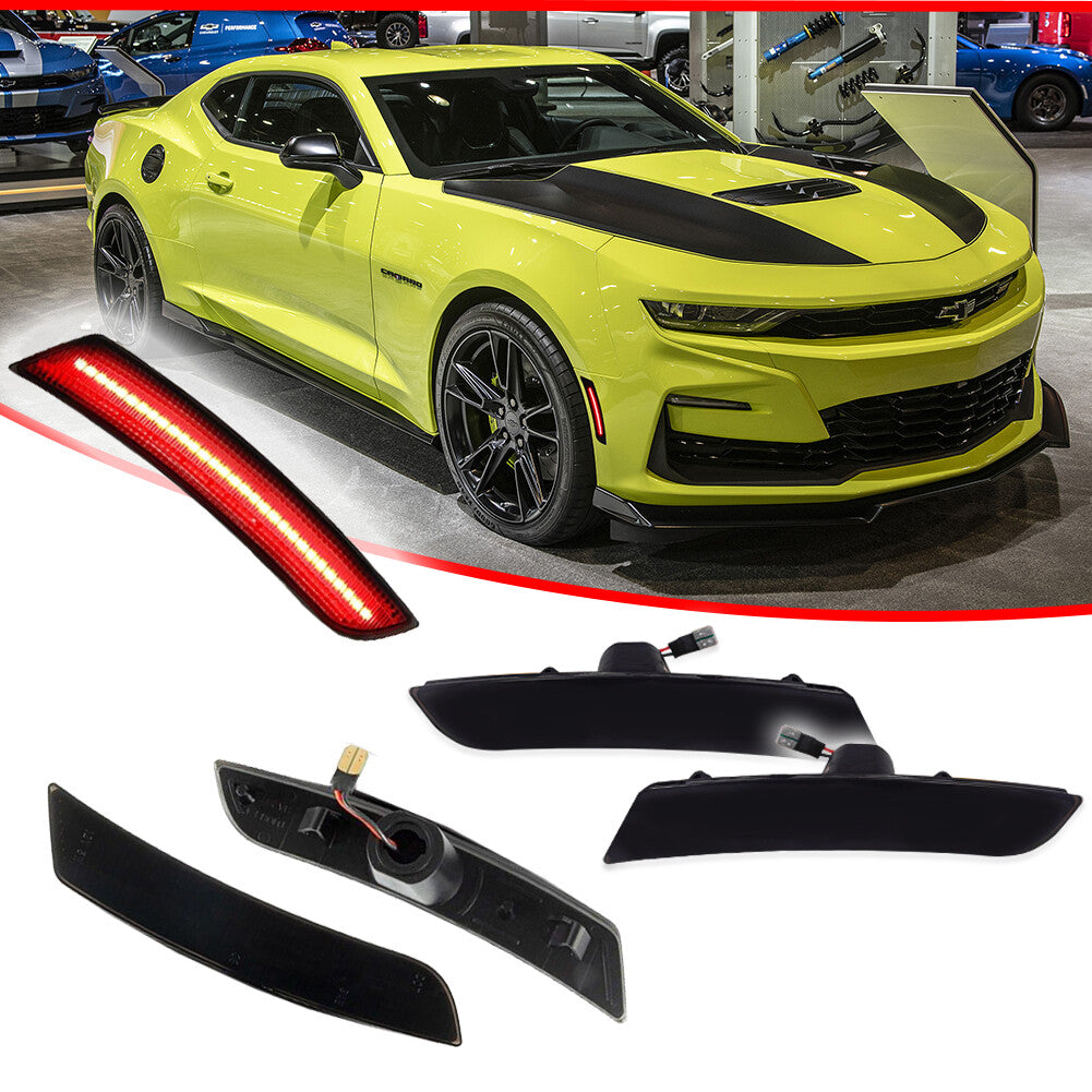 Suitable for 2016-2023 for Chevrolet Camaro Smoke Lens Red LED Side Marker Lights and Mudguard Lights (4-Piece Set)