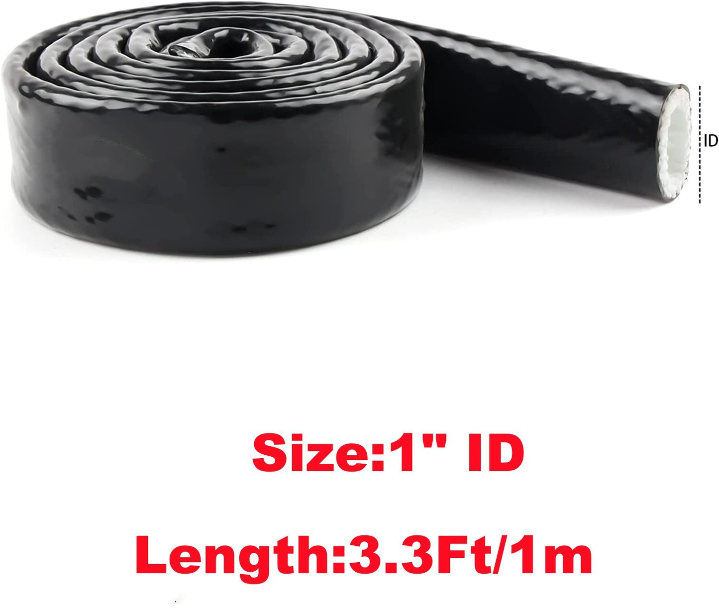 1-inch ID-25mm heat shield, fire-retardant silicone rubber coated woven fiberglass, black.