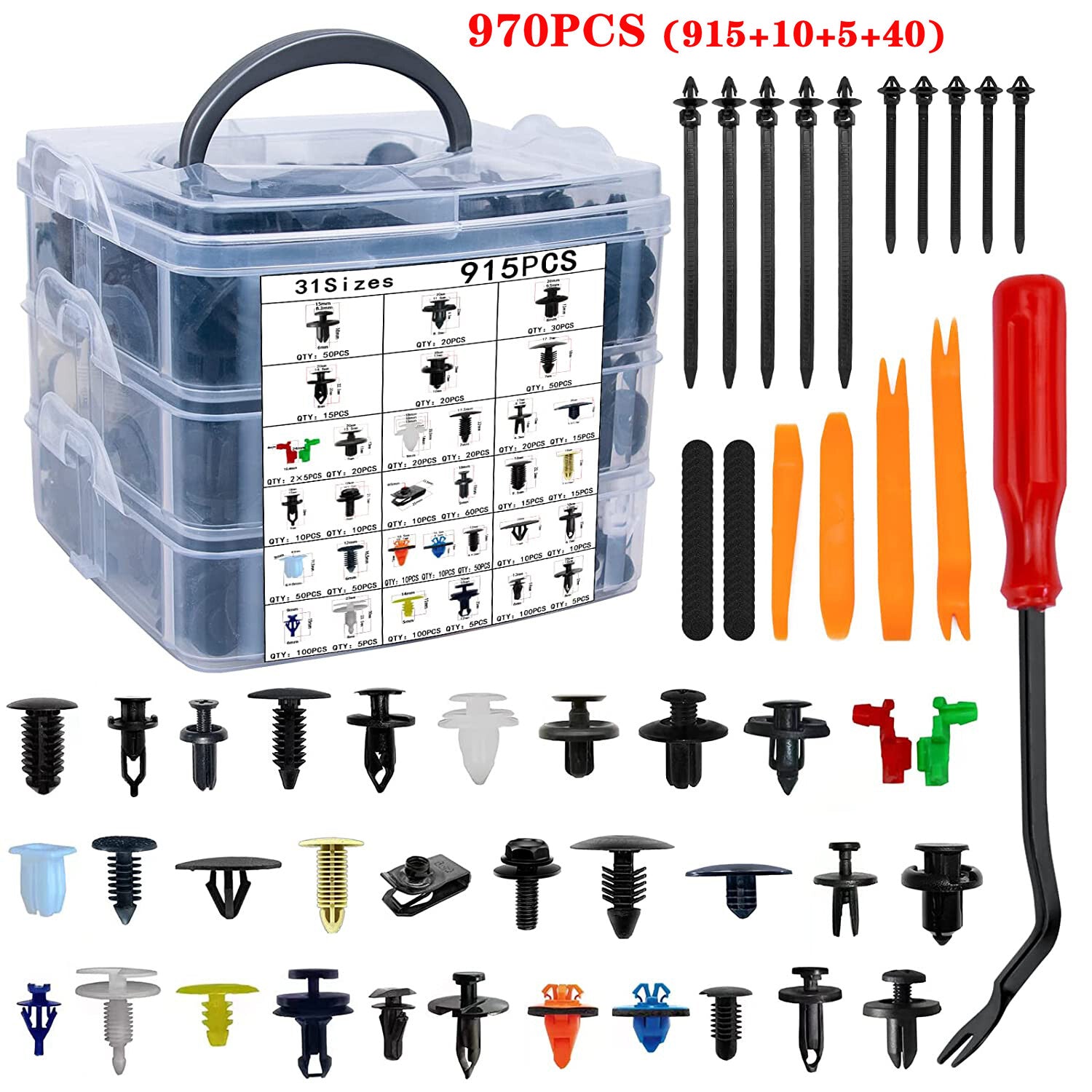 970-piece anti-collision clip kit for automobiles, fixing clamps, fasteners, rivets, pushers, decorative pins