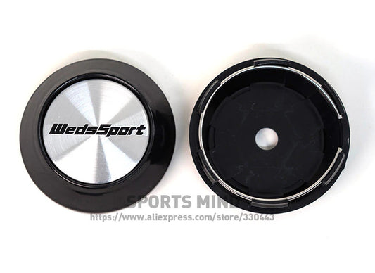 Brand new 4-piece set of 68mm Weds Sport wheel caps, rim center caps, badges, silver TE37