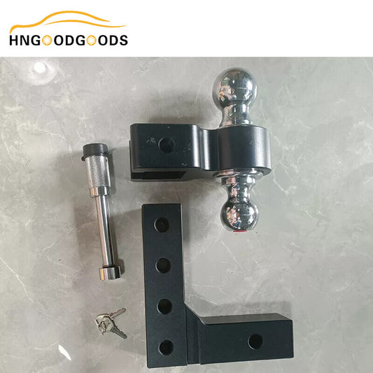 Adjustable trailer hitch with dual ball mount, suitable for 2-inch receivers and 6-inch drop mounts.