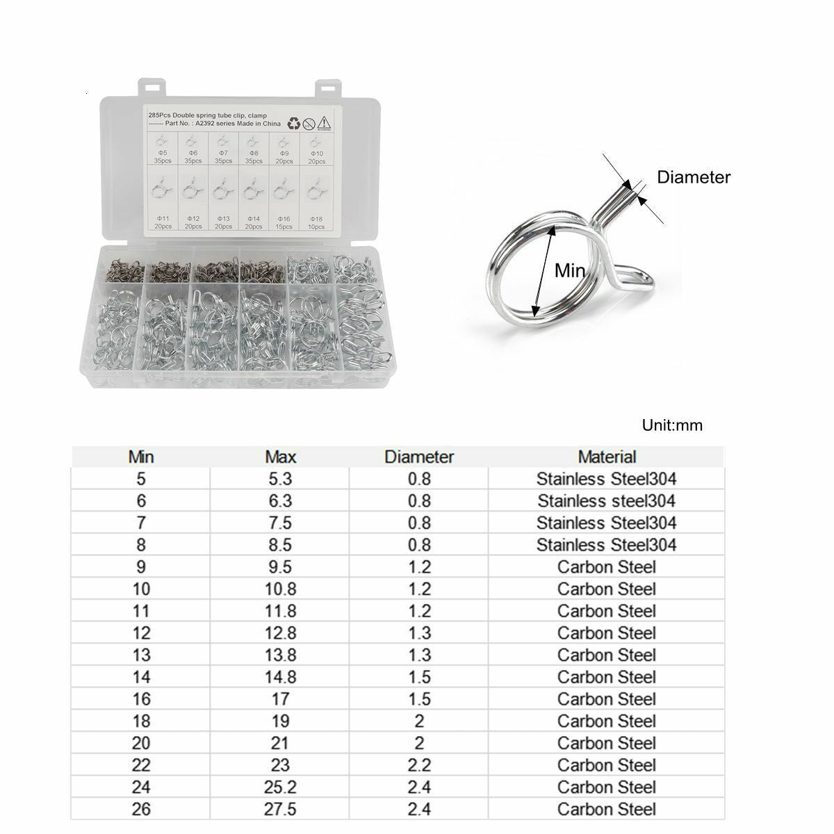 285x 5-18mm Line Spring Clip Vacuum Fuel Hose Air Tube Band Clamp Assortment Kit