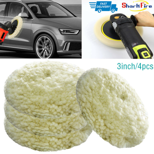 3-inch 4-pack wool polishing pads, pure wool polishing pads with hooks and loops for automotive use.