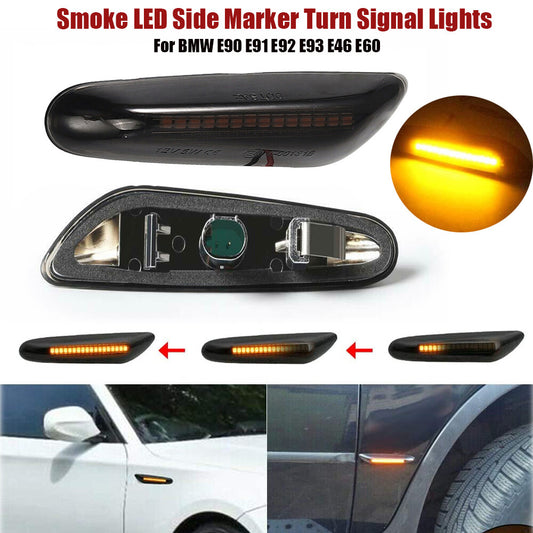 A pair of LED side marker lights with dynamic turn signals are suitable for BMW E90, E91, E92, E93, E46, and E60.