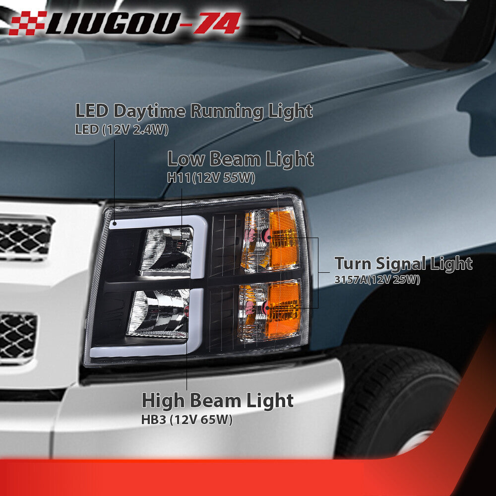 Suitable for a pair of 07-13 for Chevrolet Silverado black/amber LED DRL headlights.