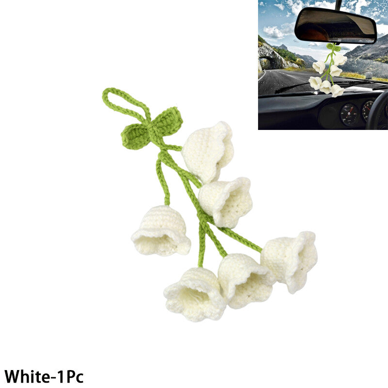 1Bell Flower Hand Knitted Cute Car Accessory for Rear View Mirror Hanging White