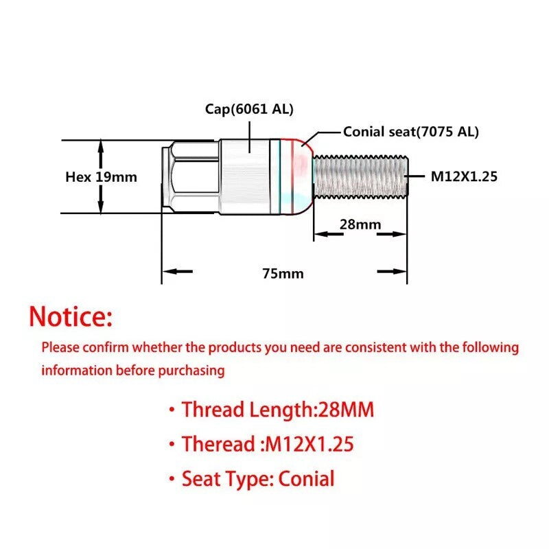 20-pack 28mm M12x1.25 wheel lug bolts with tapered for seat studs for Jeep , for Chrysler , and for Dodge .