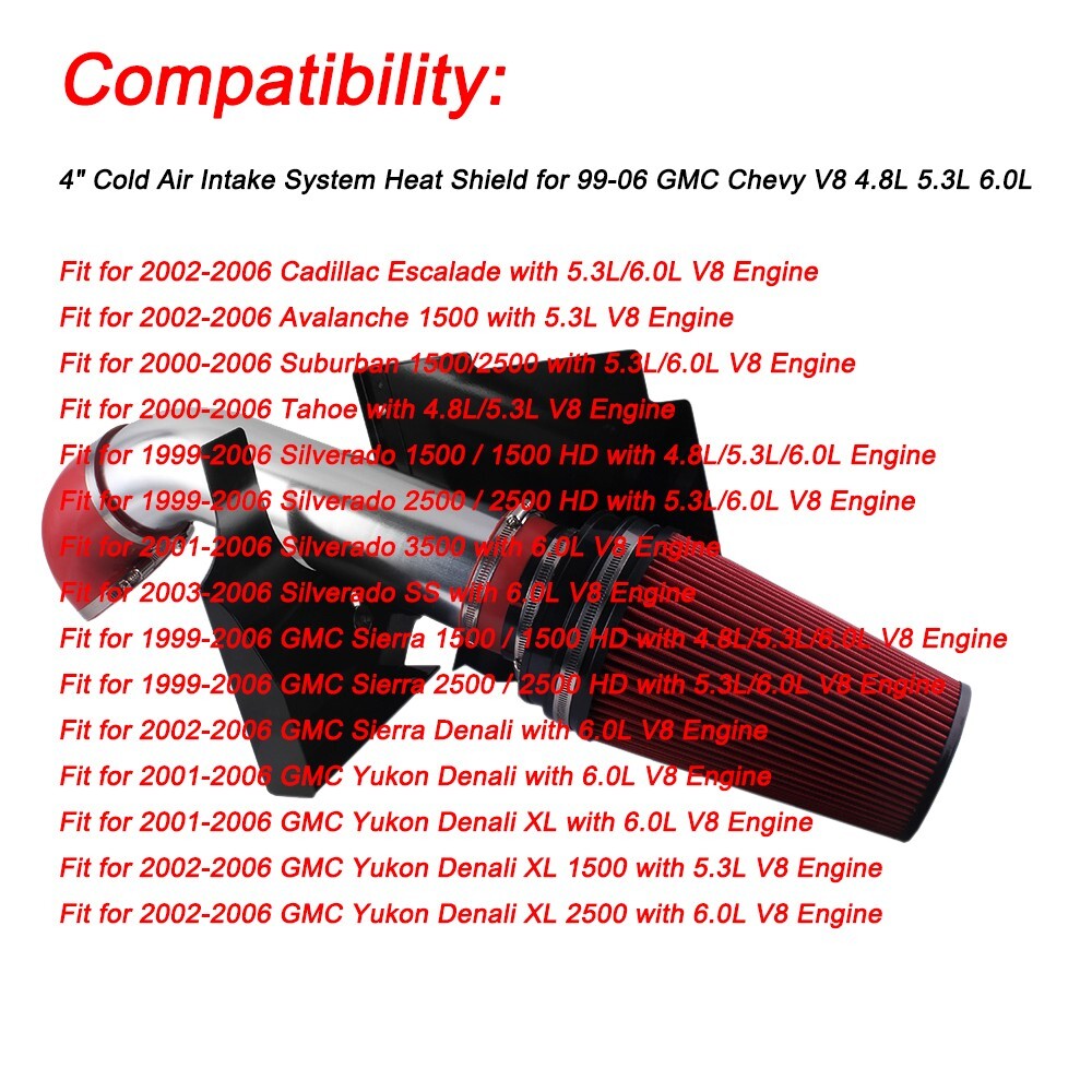 4in Red Heat Shield Cold Air Intake+Filter for 99-06 for Chevy V8 4.8L/5.3L/6.0L