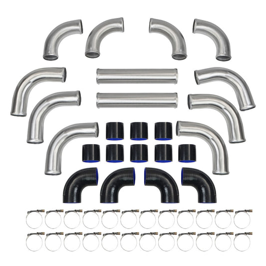 3 Intercooler Piping U-Pipe Kit Aluminum W/CouplerT-Clamps Universal Blk+Blue