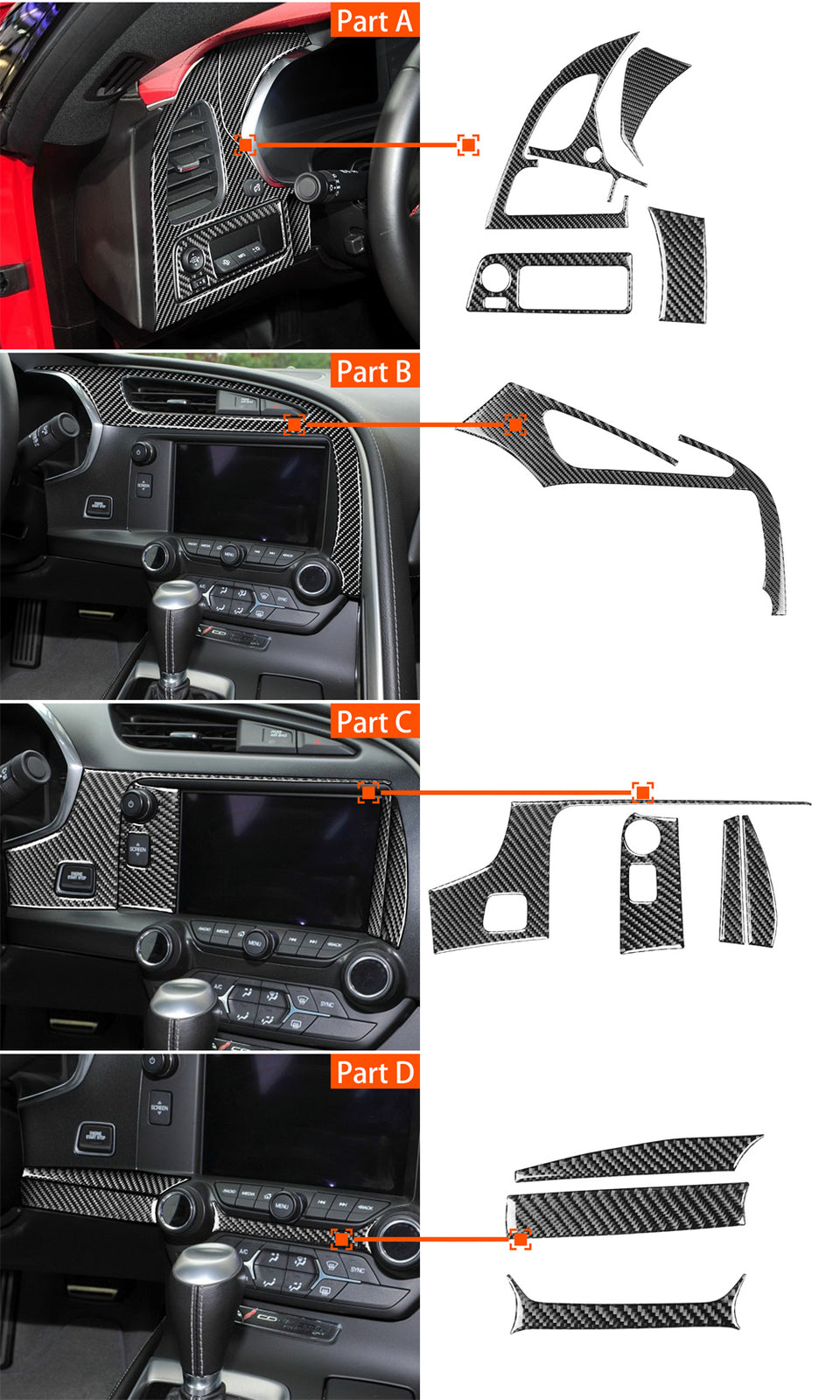 12Pcs Carbon Fiber Full Kit Dashboard Interior Trim Set for Corvette C7 2014-19